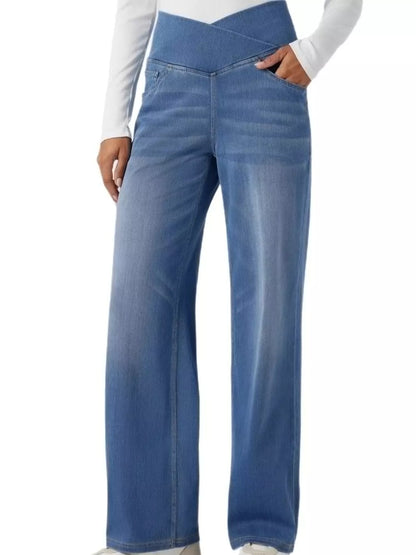 High Waisted Stretch Jeans with Crossover Waist | Straight Leg