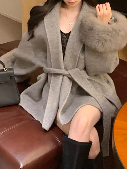 Waist Tie Outerwear with Faux Fur Cuffs