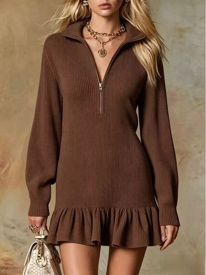 Full Size Half Zip Ruffled Hem Dress Plus Size
