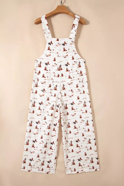 Western Printed Button Adjustable Straps Loose Jumpsuit