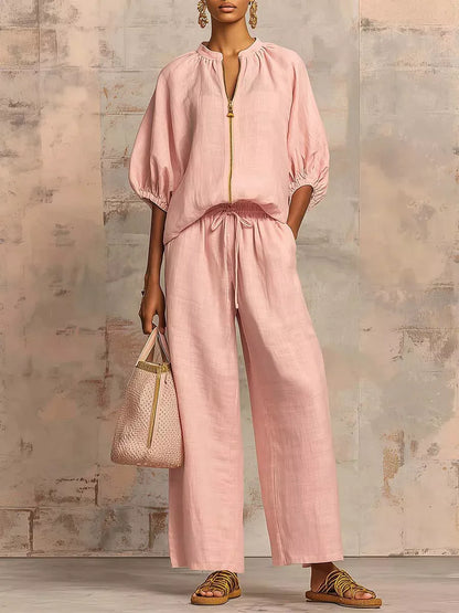 Full Size Zip-Front Top and Wide-Leg Pants Set Plus Size