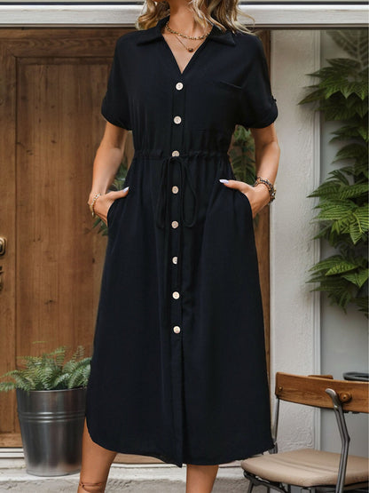 Eden's Slit Drawstring Button Up Short Sleeve Midi Dress