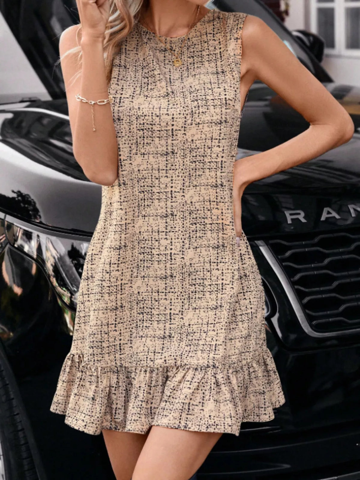 Tweed Sleeveless Ruffle Hem Mini Dress