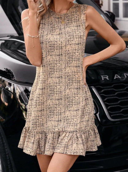 Tweed Sleeveless Ruffle Hem Mini Dress
