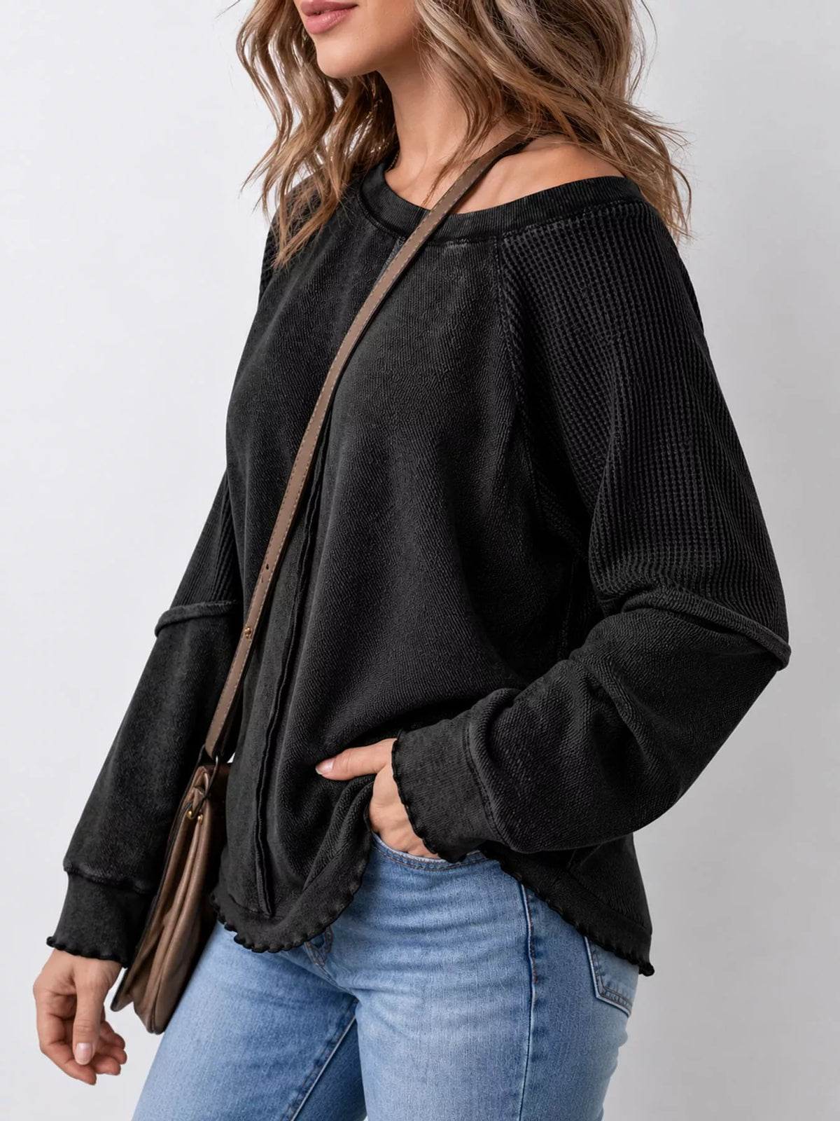 Waffle Knit Raglan Sleeve Sweatshirt