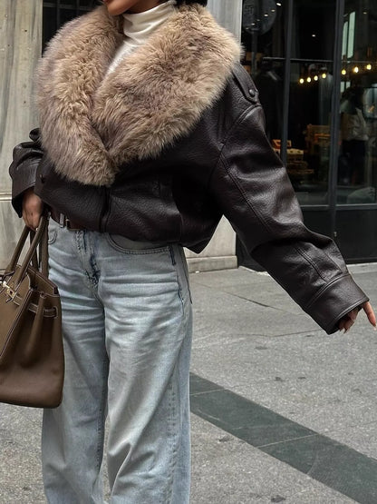 Faux Fur Collar Leather Bomber Jacket