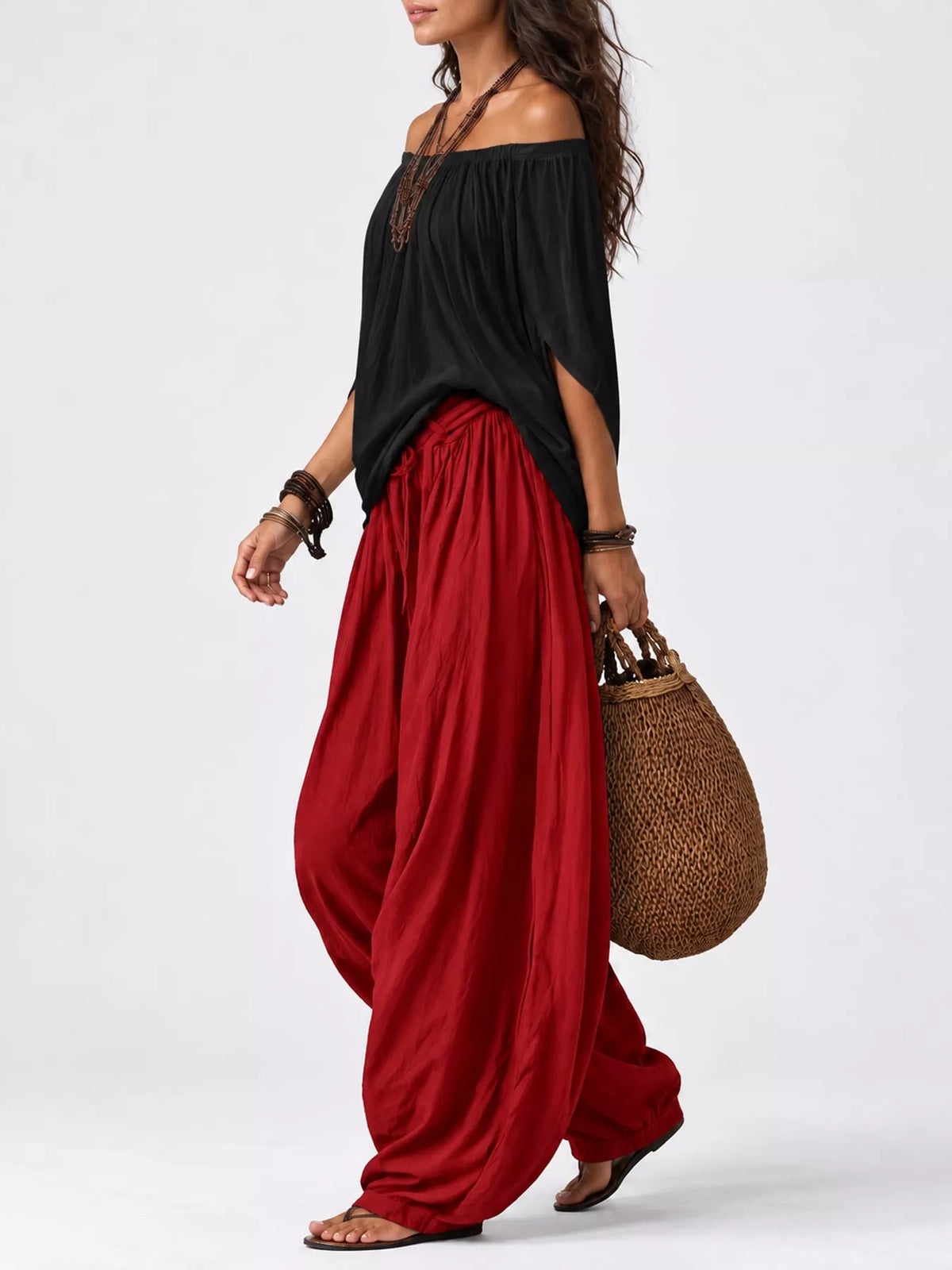 Full Size Off-Shoulder Top and Wide-Leg Harem Pants Set Plus Size