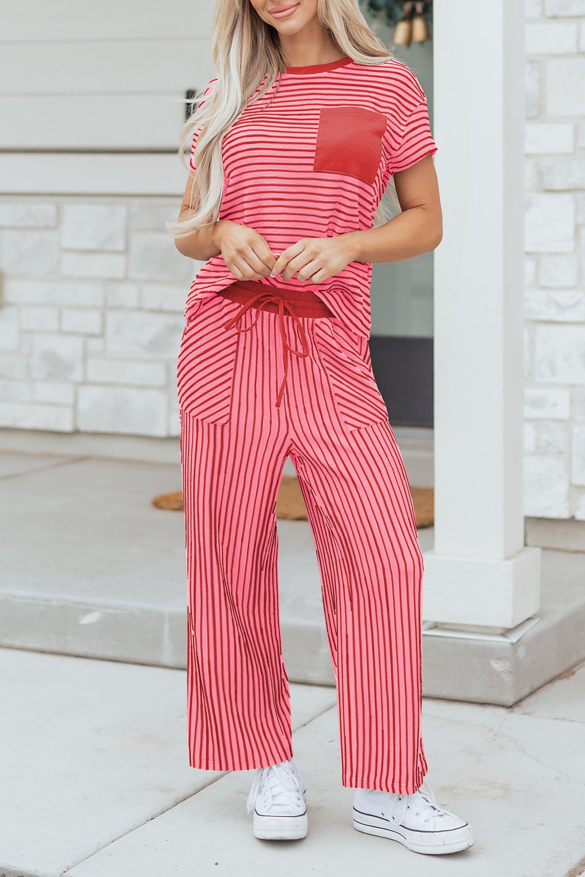 Sky Blue Stripe Crew Neck Tee Drawstring Waist Cropped Pants Set