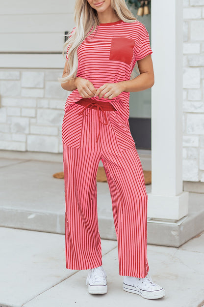 Sky Blue Stripe Crew Neck Tee Drawstring Waist Cropped Pants Set