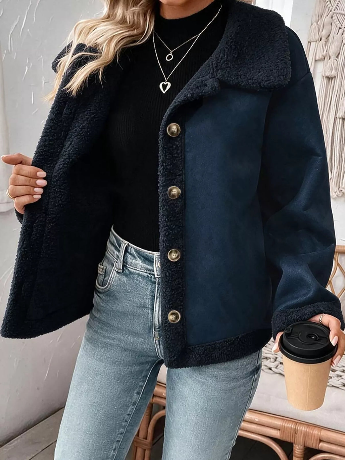 Full Size Cozy Faux Suede Sherpa-Lined Button-Down Jacket Plus Size
