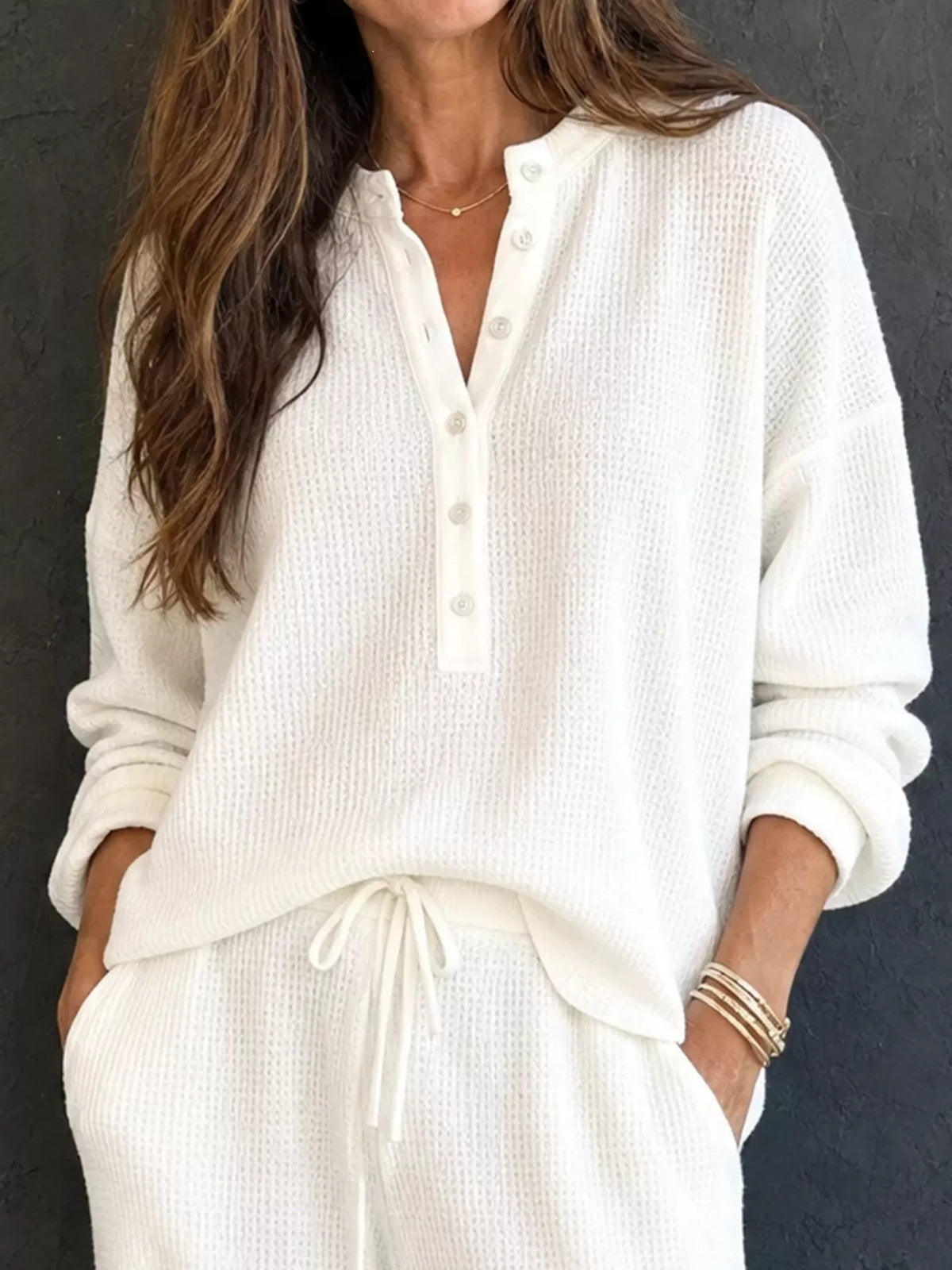 Women’s Waffle Knit Two-Piece Pants Set – Button-Front Top & Wide-Leg Pants