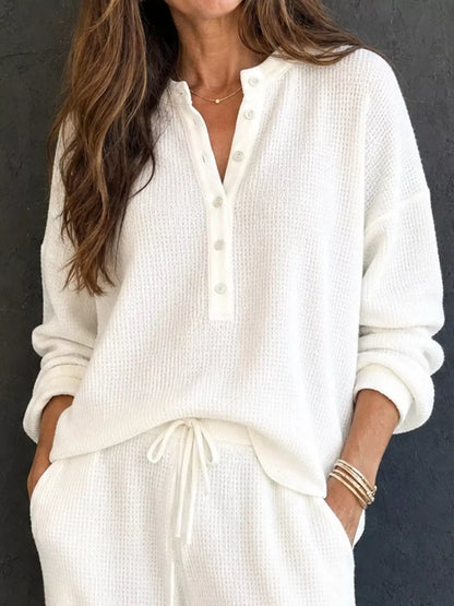 Women’s Waffle Knit Two-Piece Pants Set – Button-Front Top & Wide-Leg Pants