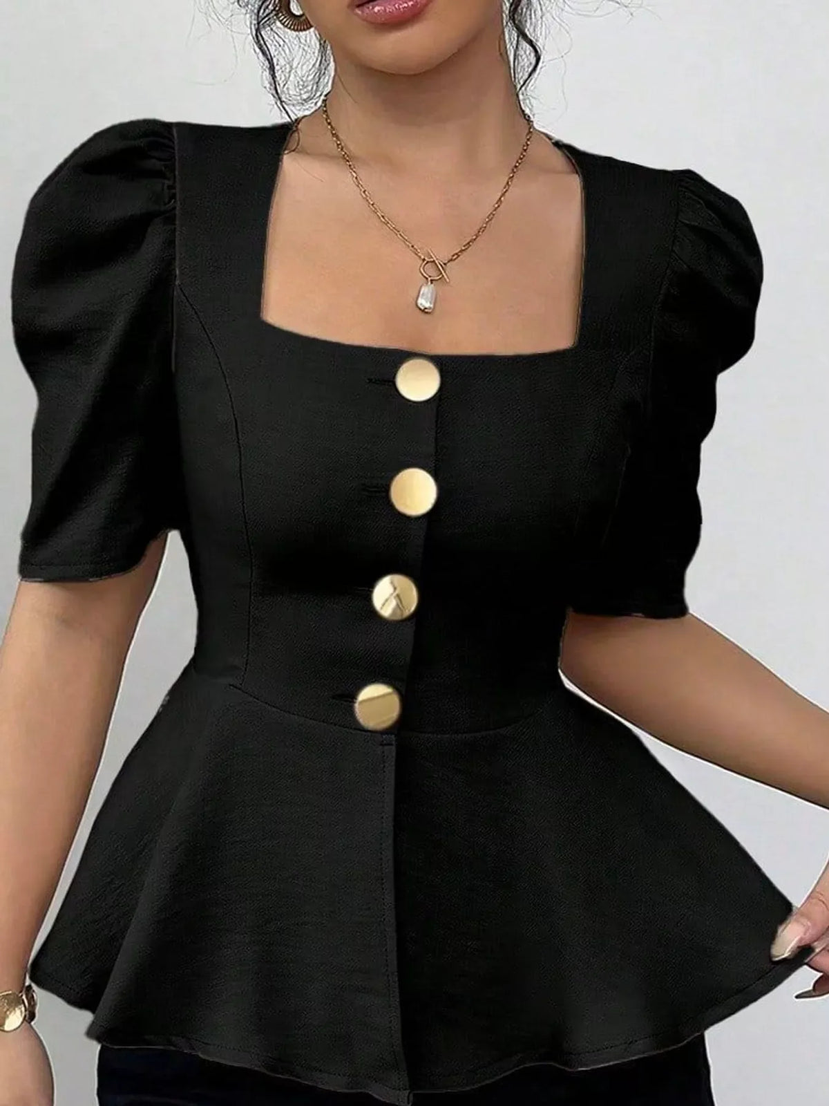 Square Neck Puff Sleeve Peplum Blouse