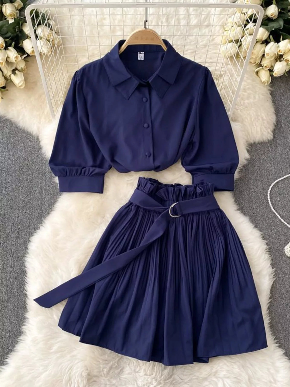 Puff Sleeve Shirt and Pleated Skirt Set