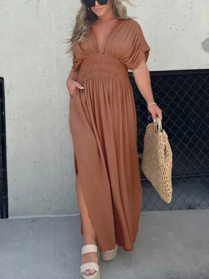 Full Size Slit V-Neck Smocked Waist Maxi Dress Plus Size