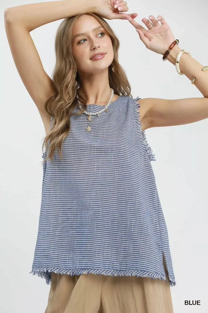 Umgee Stripe Fringe Trim Sleeveless Top