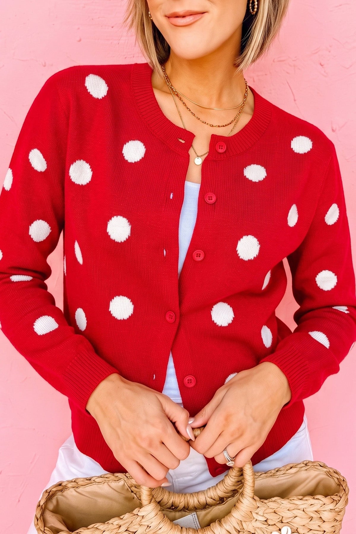 Bluing Casual Polka Dot Button Front Long Sleeve Sweater Cardigan