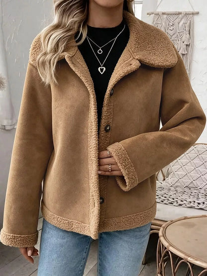 Full Size Cozy Faux Suede Sherpa-Lined Button-Down Jacket Plus Size