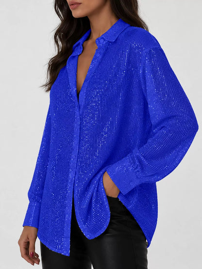 Full Size Sequin Button-Down Shirt Plus Size