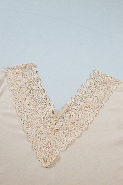 Apricot Lace Splicing V Neck Long Sleeve Top