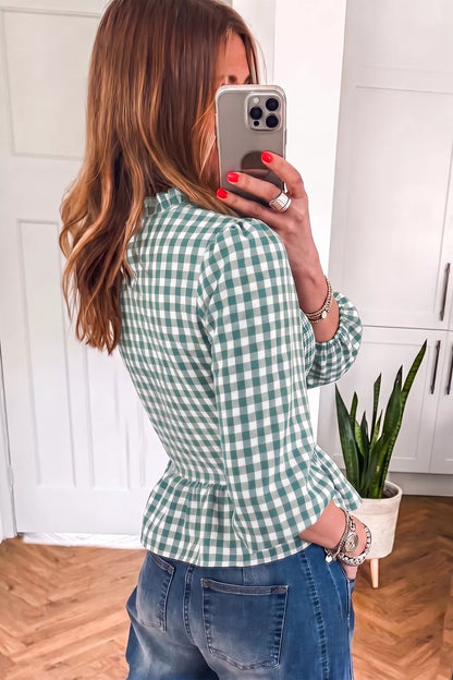 3/4 Sleeve Shirred Plaid Peplum Top