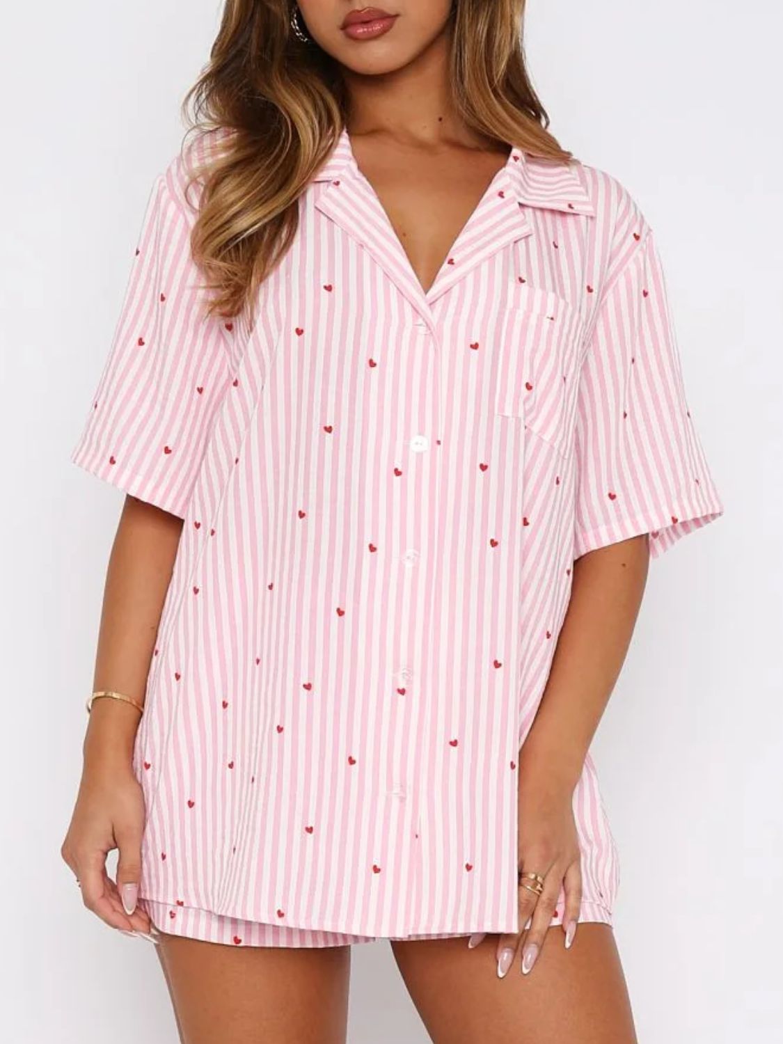 Valentine's Day Printed Collared Neck Short Sleeve Top And Shorts Set