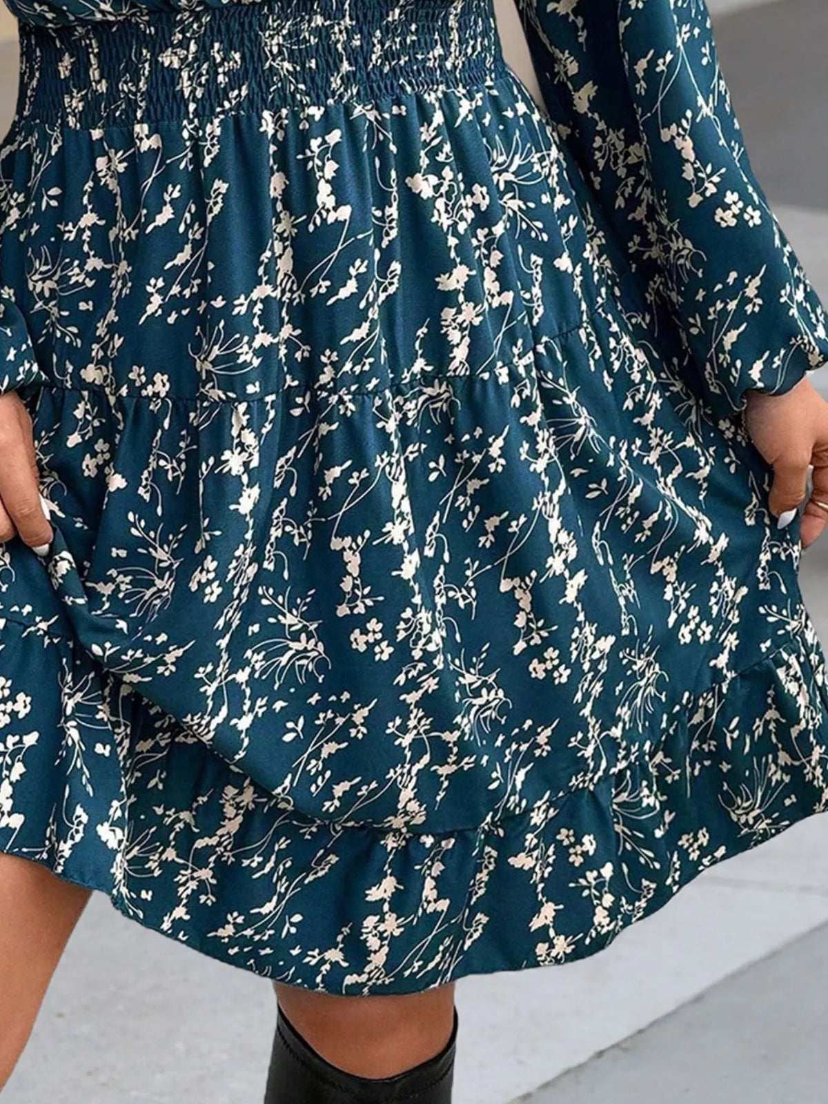 Full Size Floral Print Smocked Waist Long Sleeve Mini Dress Plus Size