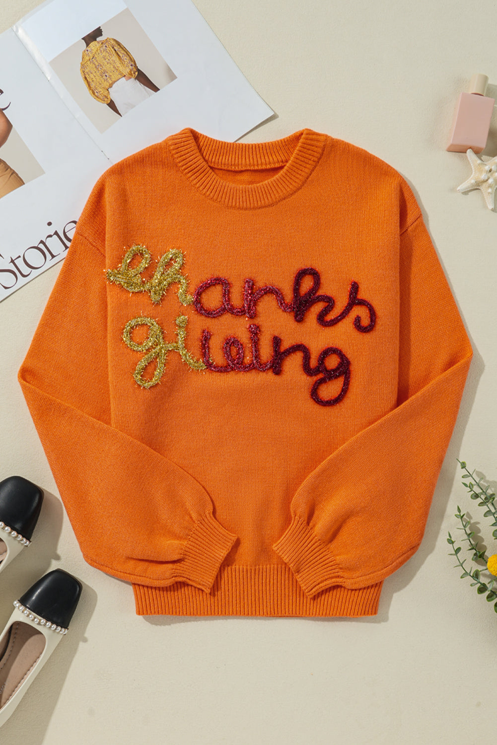Thanksgiving Round Neck Dropped Shoulder Sweater