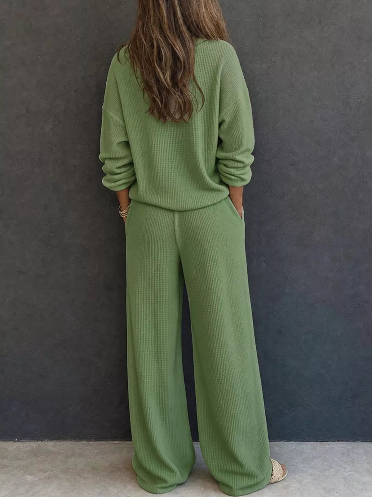 Women’s Waffle Knit Two-Piece Pants Set – Button-Front Top & Wide-Leg Pants