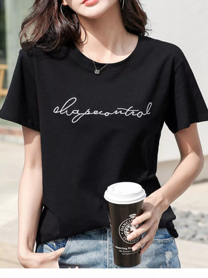 Full Size Letter Embroidered Round Neck T-Shirt Plus Size