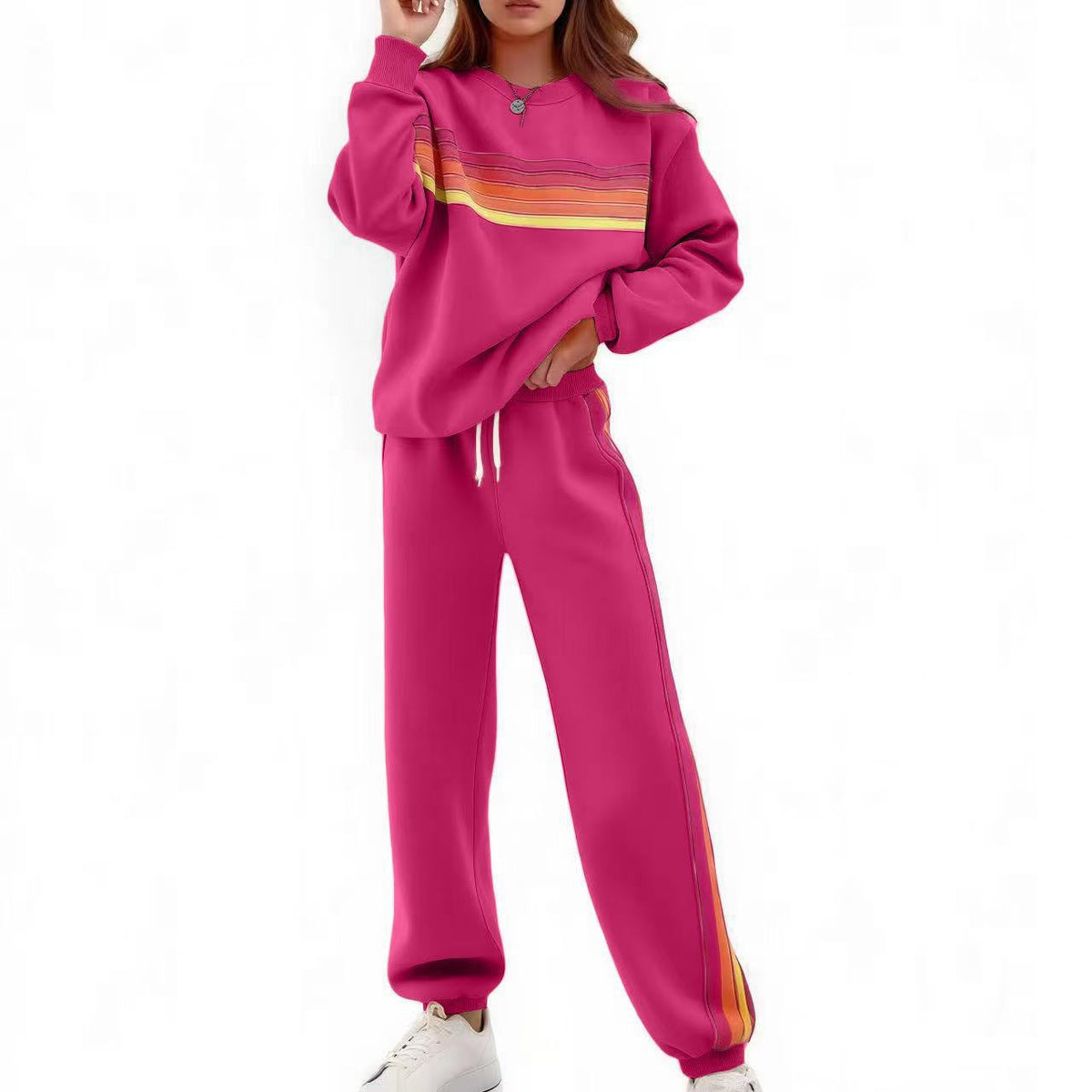 Round Neck Loose Color Stripes Elastic Waist Pants Sweater Suit