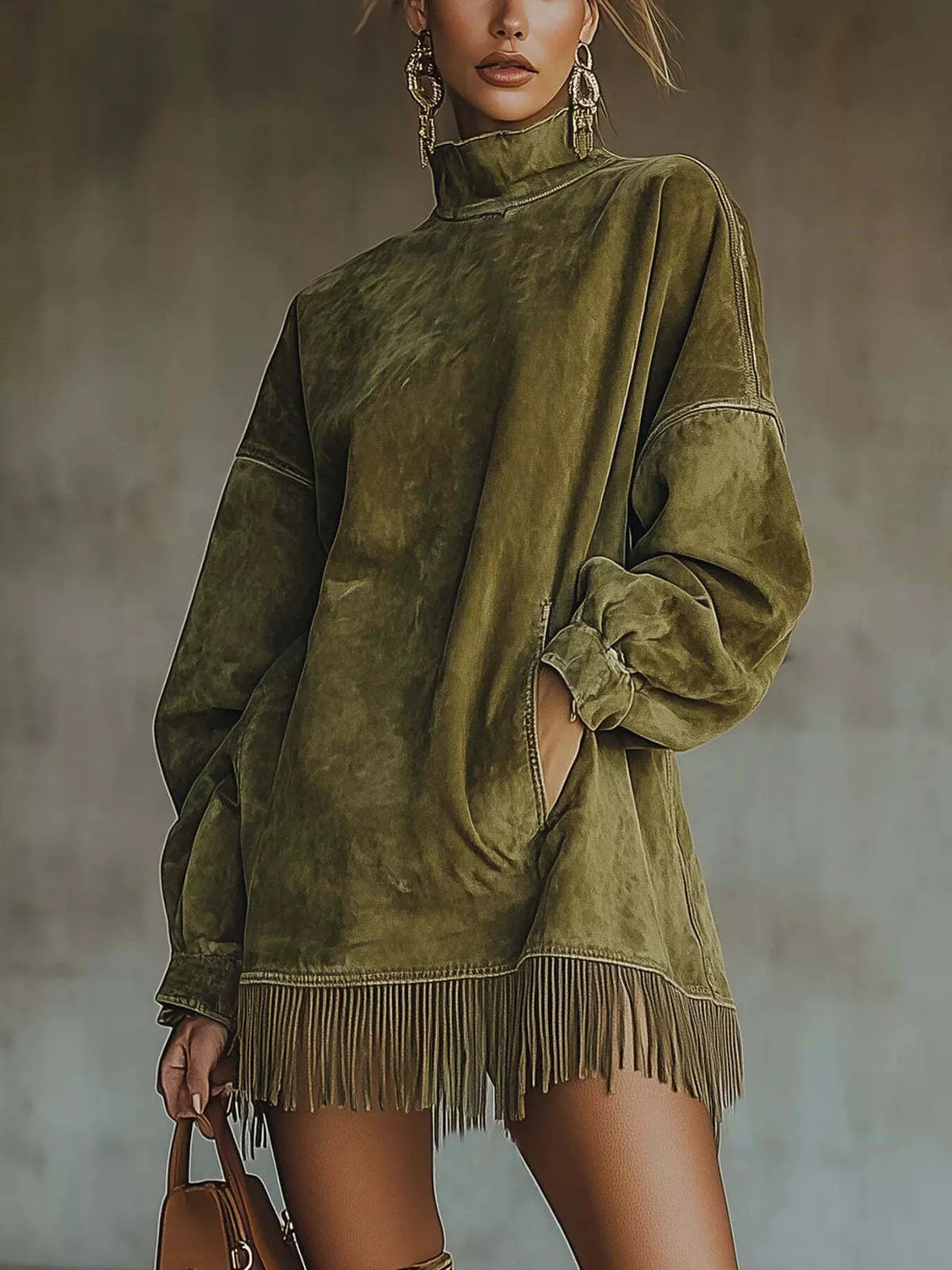Fringe Turtleneck Long Sleeve Dress
