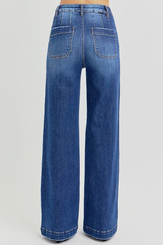 Risen Full Size High Rise Wide Leg Jeans With Slanted Pockets