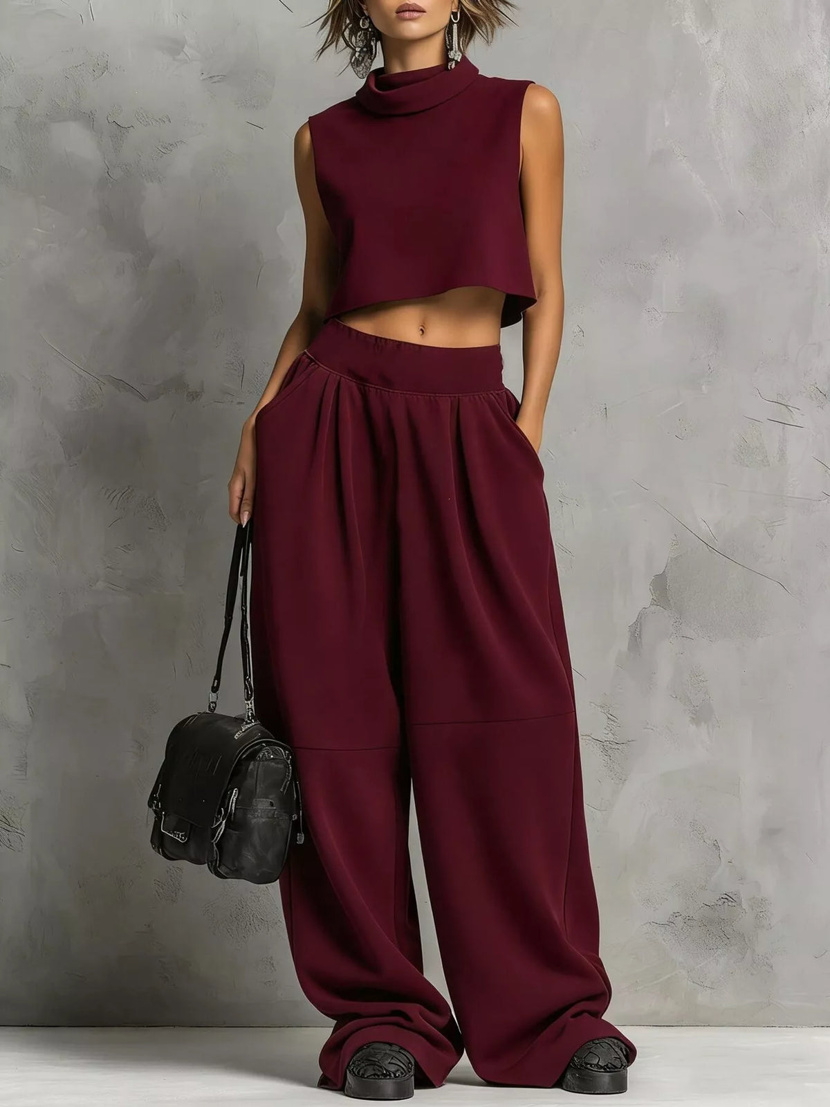 Sleeveless Mock Neck Crop Top and Wide-Leg Sweatpants Set
