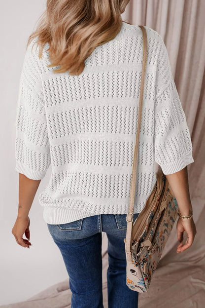 3/4 Sleeve Open Knit Mesh Detail Pullover Sweater