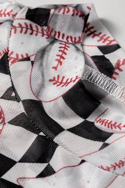 Checkered Baseball Bow Print High Neck Long Sleeve Mesh Top