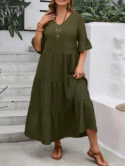Plus Size Ruffle Sleeves Tiered Midi Dress