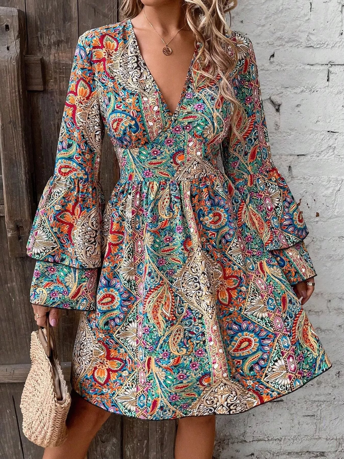 Paisley Print V-Neck Bell Sleeve Mini Dress