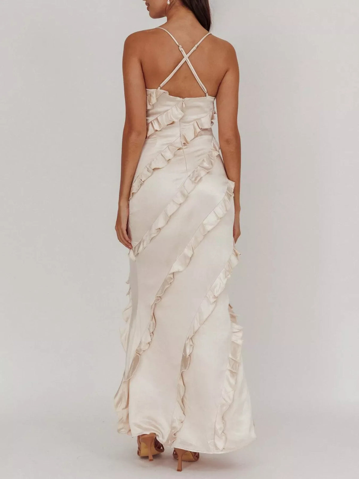 Spaghetti Strap Ruffled Maxi Dress for Women | Flowy Summer Dress with Zipper | Elegant Vacation & Evening Dress