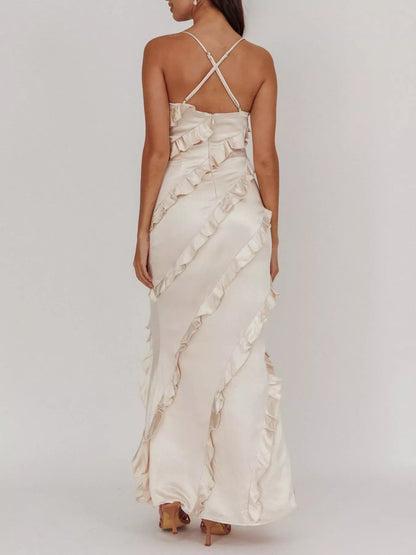 Spaghetti Strap Ruffled Maxi Dress for Women | Flowy Summer Dress with Zipper | Elegant Vacation & Evening Dress