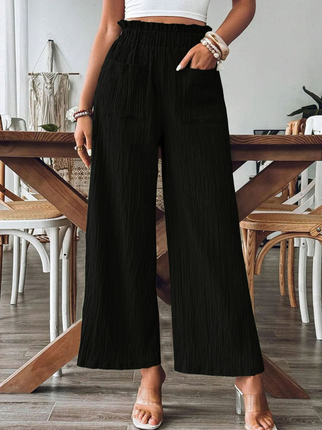 Green Pocketed Elastic Waist Wide Leg Pants Black S