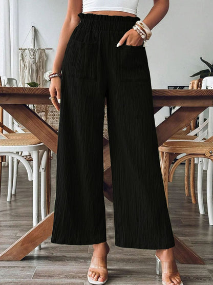Green Pocketed Elastic Waist Wide Leg Pants Black S