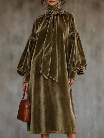 Full Size Velvet Tie-Neck Lantern Sleeve Midi Dress Plus Size