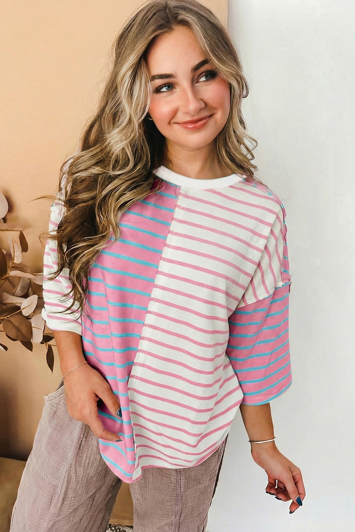 Green Stripe Colorblock 3/4 Sleeve Loose T Shirt