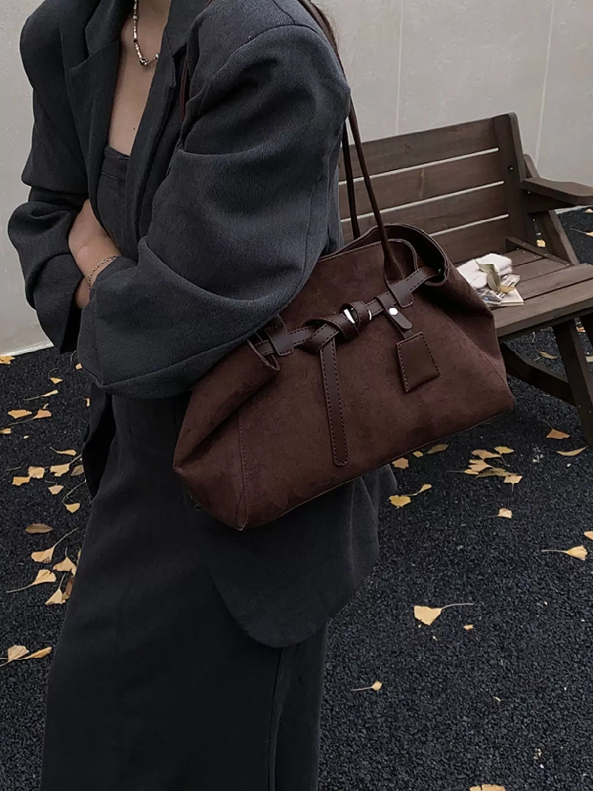 Suede Decorative Belt Buckle Shoulder Bag