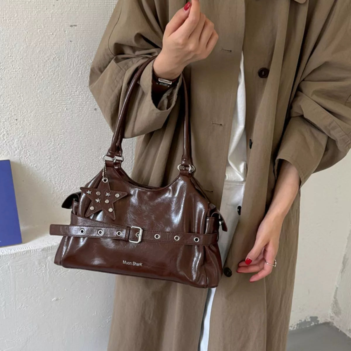 Buckle Detail Leather Shoulder Bag