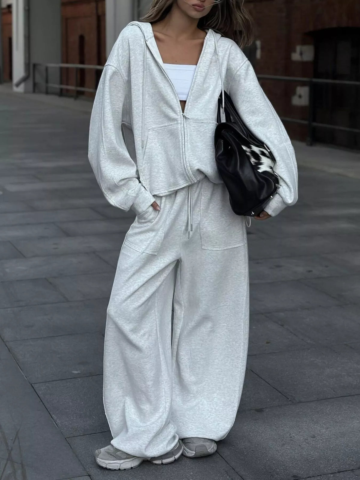 Oversized Zip-Up Hoodie and Wide-Leg Pants Set