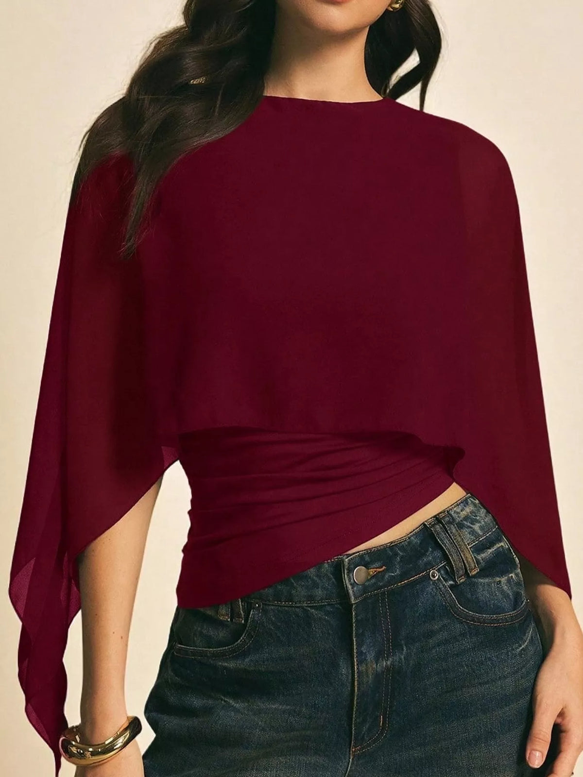 Cape Sleeve Round Neck Blouse