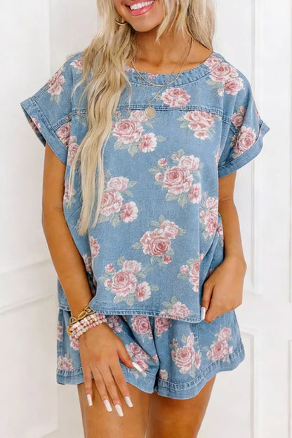 Floral Print Top and Shorts Denim Set