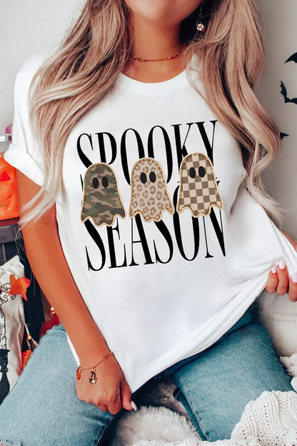 Full Size Spooky Season Ghosts Graphic Short Sleeve Halloween T Shirt Plus Size